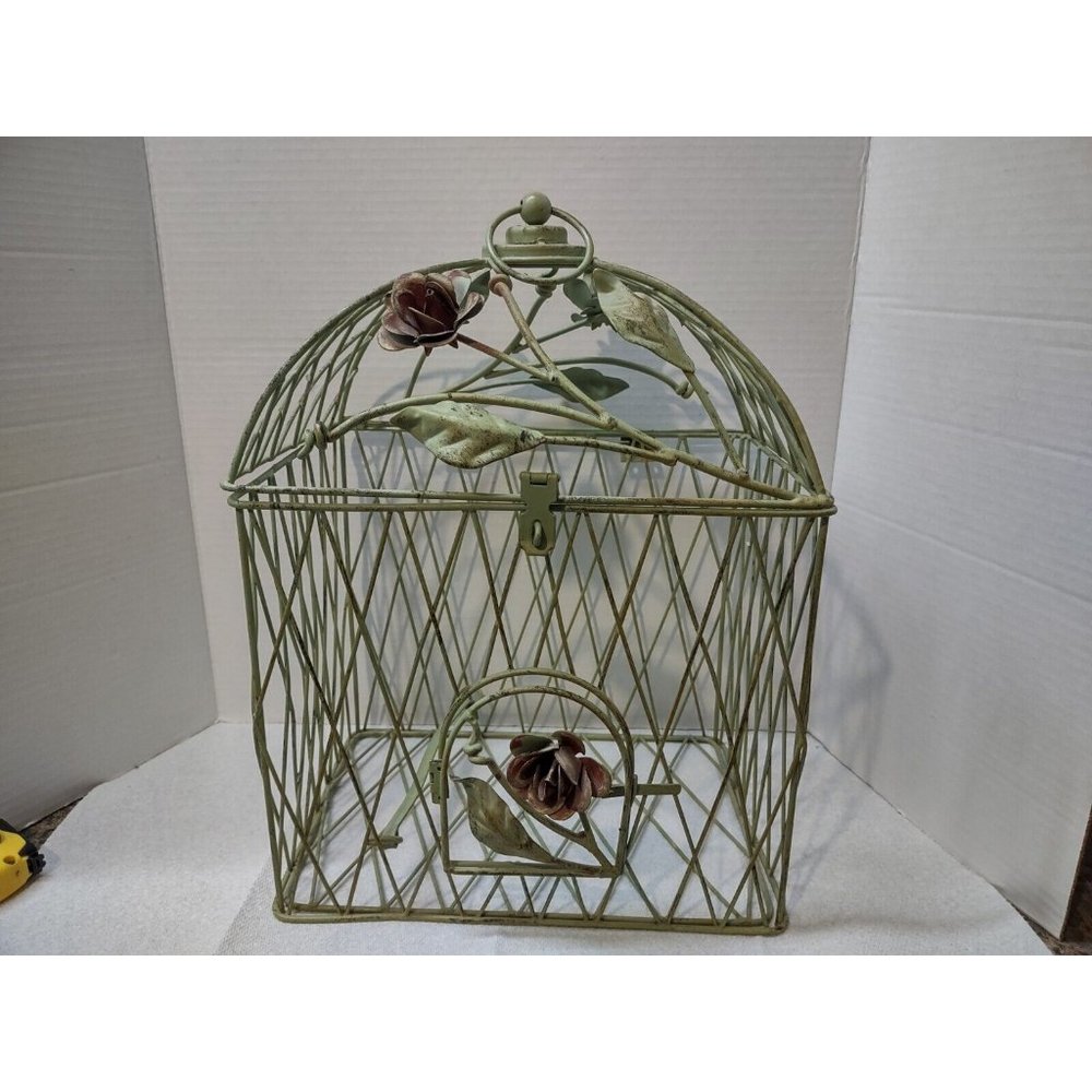 Vintage Green Metal Bird Cage Home Decor Flower Rose Accents